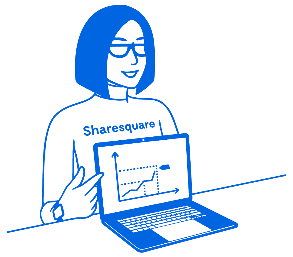 An illustration of a woman presenting a graph on a laptop screen.