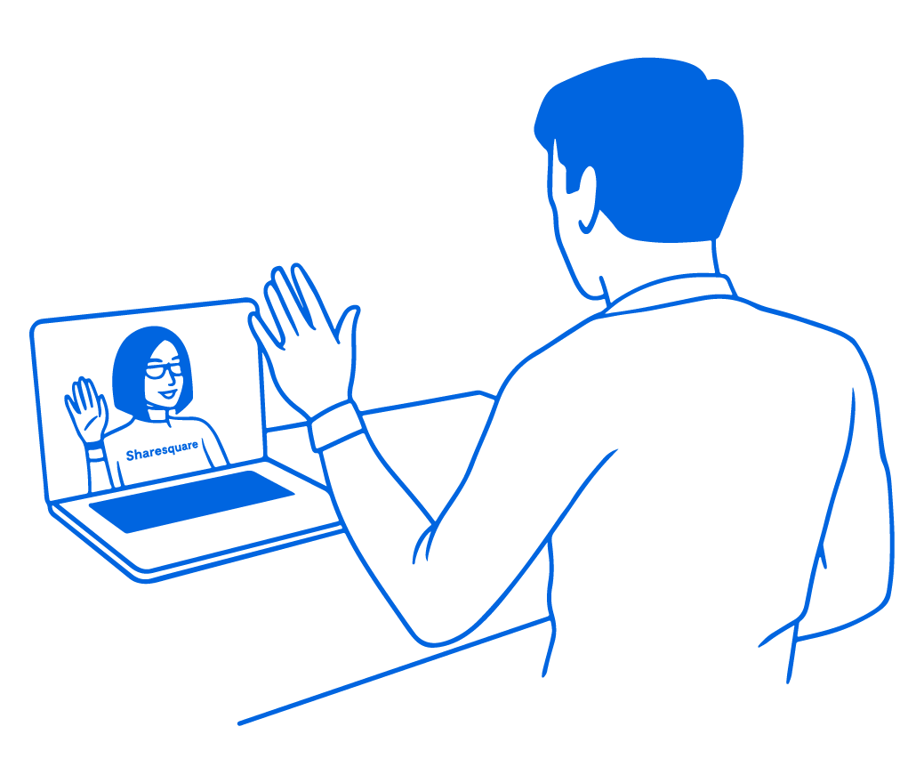 An illustration of a man waving to a woman on a video call