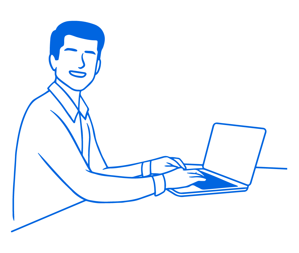 An illustration of a man smiling while typing on a laptop.